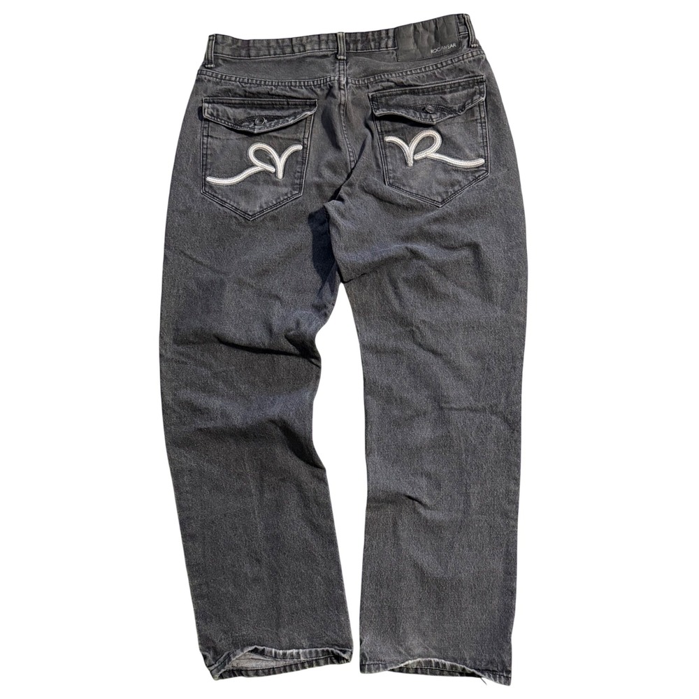 Rocawear Classic Fit Jeans VTG 34 Black Denim Embroidered Logo Baggy Y2K Hip Hop